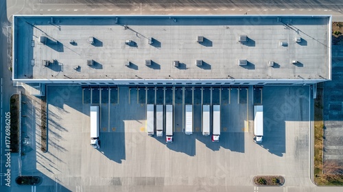 Trucks lined up at a modern distribution center, ready for efficient deliveries, showcasing logistics and supply chain management from above