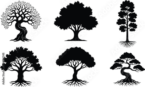 Set of black tree silhouettes with roots and branches, vector illustration of natural forest, ecology, and landscape design