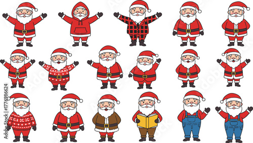 Cute Santa Claus character collection in different outfits and poses, Christmas vector illustration, festive holiday design, joyful winter celebration