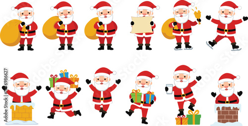 Cute Santa Claus character set carrying gifts and bag, reading list, celebrating Christmas, festive vector illustration, joyful holiday design