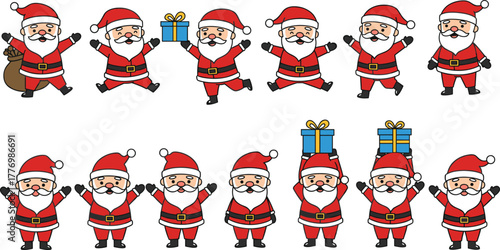 Cute Santa Claus character collection holding gifts and bag, Christmas vector illustration, festive holiday season design, joyful winter celebration