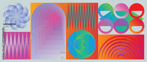 Abstract gradient geometric poster vector set with circles, waves, layered arches and optical shapes. Designed for modern posters, backgrounds, web banners, product packaging and digital design.