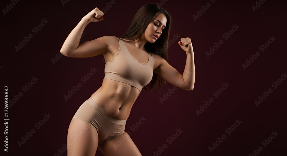 Obraz premium A fit woman flexing her biceps in beige sportswear against a dark plum studio background