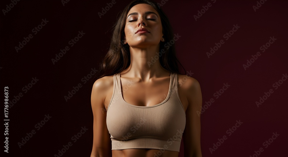 Fototapeta premium A woman with long dark hair, wearing a sports bra, meditates with her eyes closed peacefully.