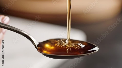 Golden Liquid Poured Into Silver Spoon from Dark Bottle in Close Up Shot with Soft Lighting and Neutral Background Medicinal Syrup Pouring Concept
