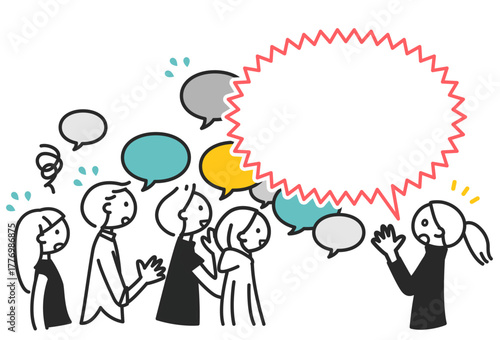 意見が飛び交う中で目立つ声　SNS議論・炎上イメージのモノクロ線画