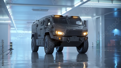 Dark Gray Armored Military Vehicle with Orange Lights in a Warehouse armored vehicle truck