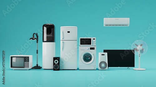 Collection of White Home Appliances and Electronics on a Teal Background image photo