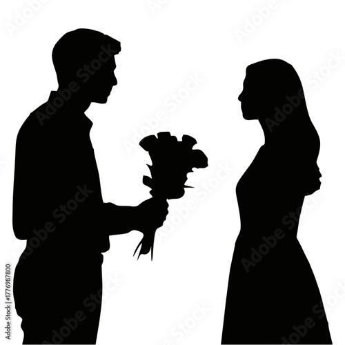 silhouette of a man giving flowers to a woman
