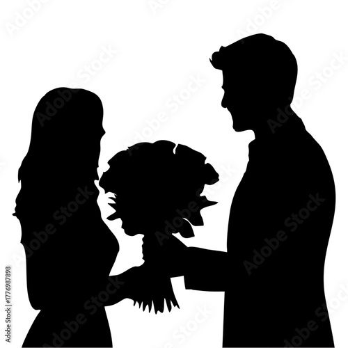 silhouette of a man giving flowers to a woman