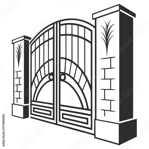 Ornate Wrought Iron Gate with Decorative Pillars and Brickwork Detail entrance