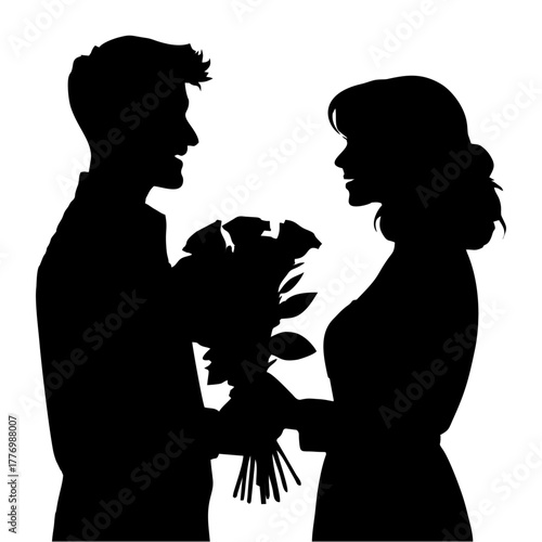 silhouette of a man giving flowers to a woman