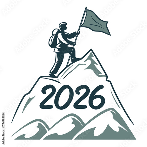 Hiker with flag on mountain peak celebrating 2026 year achievement new year success