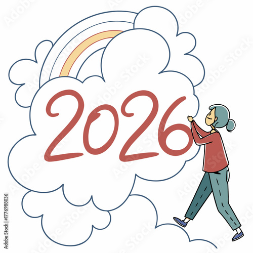 Person Reaching for Year 2026 within a Cloud with Rainbow vector illustration