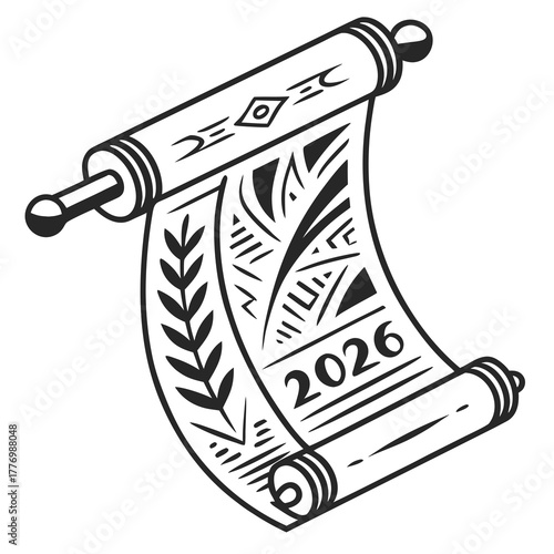 Stylized Scroll with Year 2026 and Tribal Patterns parchment document