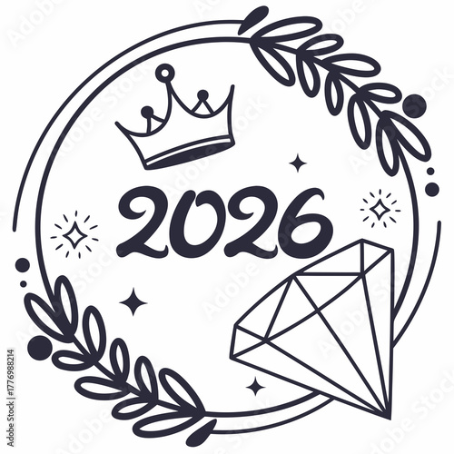 Decorative wreath with crown, diamond, and year 2026 for celebration jewel