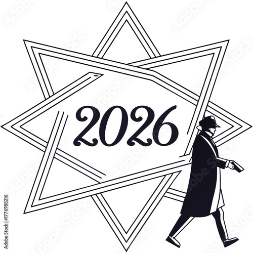 Detective in trench coat and hat walking past year 2026 within a geometric Star of David