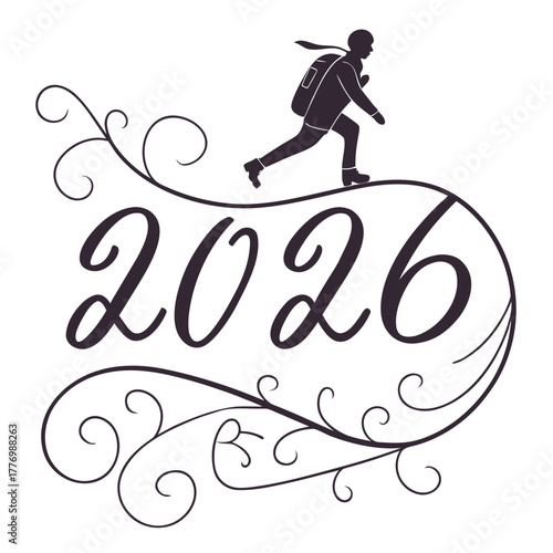 Silhouette of a running person over the year 2026 with decorative swirls Keywords: silhouette
