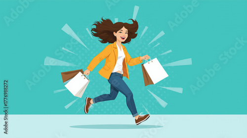 Excited woman running with shopping bags