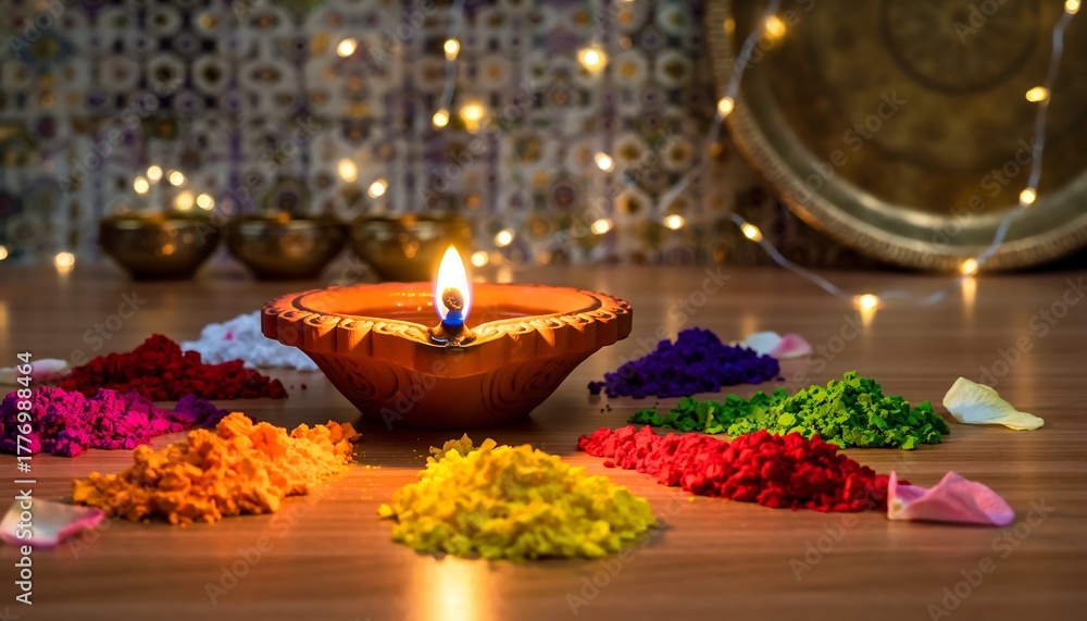 Obraz premium Glowing diya surrounded by vibrant gulal powders and petals on a festive wooden table