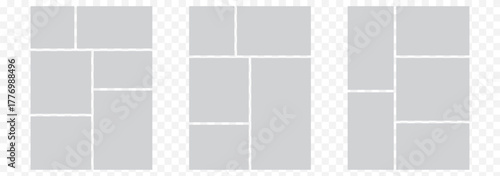 Image collage layout template. Grey mosaic mood board grid collection. Picture frame set. Photo album idea for banner, poster, comic page, flyer, brochure, booklet, memory wall design. Vector Eps 10.