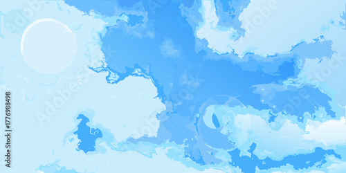 Abstract blue sky with swirling clouds and a large pale circle representing the sun or moon