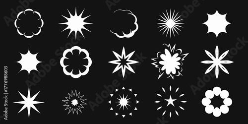 Collection of white starburst and explosion shapes on black background