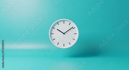 Minimalist white clock floating against vibrant teal background, signifying time passing
