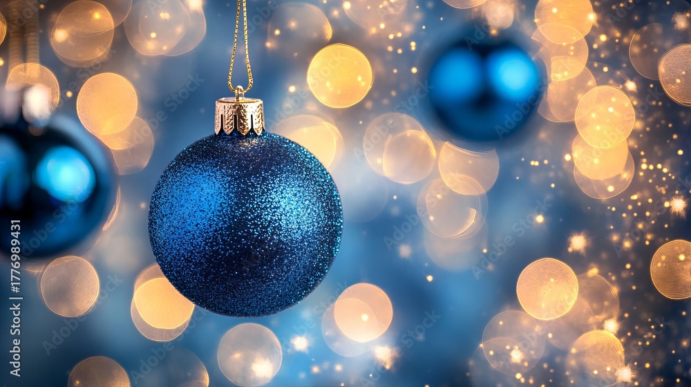 Fototapeta premium Sparkling blue Christmas ornaments shimmer against a magical bokeh background of warm golden lights creating a festive and elegant holiday celebration atmosphere.