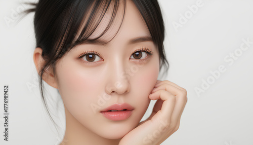 黒髪アップスタイルの女性、素肌の透明感を際立たせたビューティーポートレート