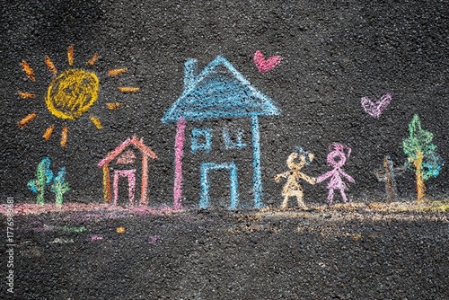 Heartwarming chalk drawing of happy children holding hands in front of a colorful home under a bright sun, perfect for family or childhood themes