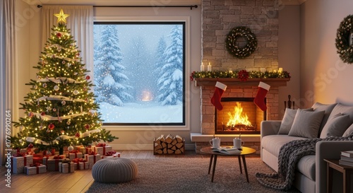 A living room with a crackling fireplace, a beautifully decorated Christmas tree, and a window showing heavy snowfall outside.