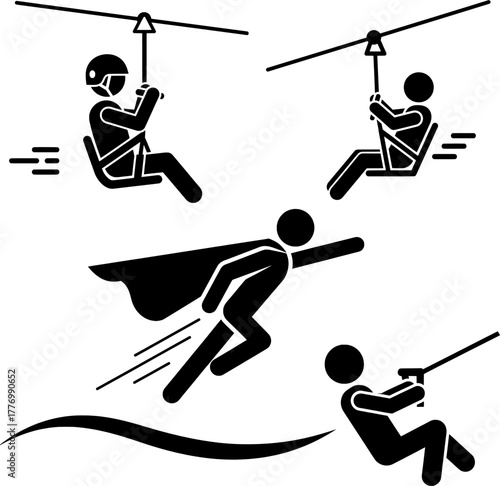 Adventure, Zipline, and Superhero Flying Stick Figures Icon Set