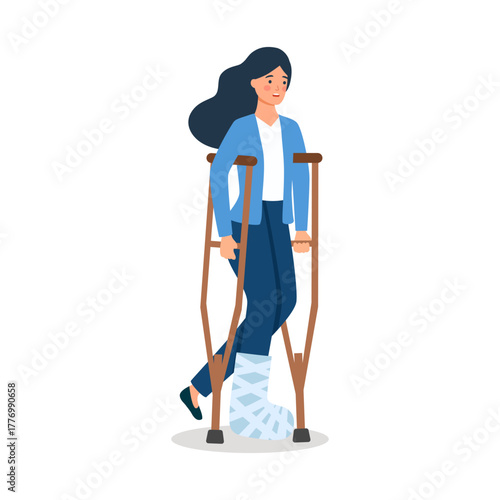 Bone injury or fracture of female patient. Businesswoman walking with crutches and gypsum on broken leg. Rehabilitation and treatment after accident.