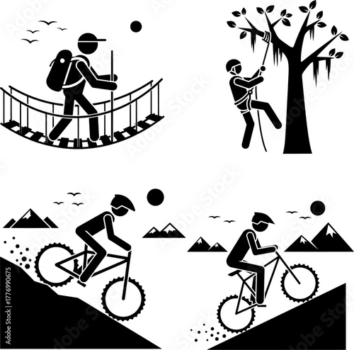 Outdoor Adventure, Mountain Biking, and Tree Climbing Stick Figures Icon Set