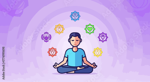 Person Meditating with Seven Colorful Chakras Glowing Around Head Symbolizing Energy Flow and Spiritual Balance
