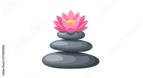 Serene Zen Balance Pink Lotus Flower Crowned on Stacked Gray Spa Stones for Meditation and Wellness