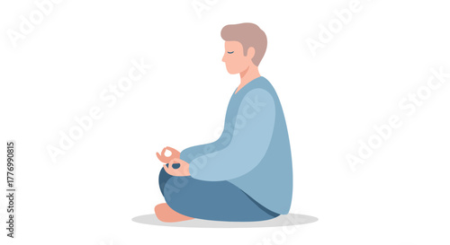 Man Meditating Calmly Sitting in Lotus Pose on White Background Illustration of Serenity and Mindfulness for Wellness Concepts