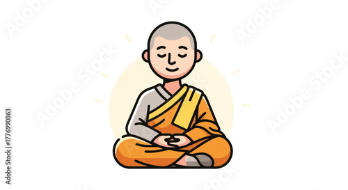 Cartoon Monk Meditating in Lotus Pose Zen Buddhism Mindfulness Yoga Serenity Peace