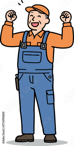 Happy Older Man Orange Cap Blue Overalls Cheerful Celebration Flat Design
