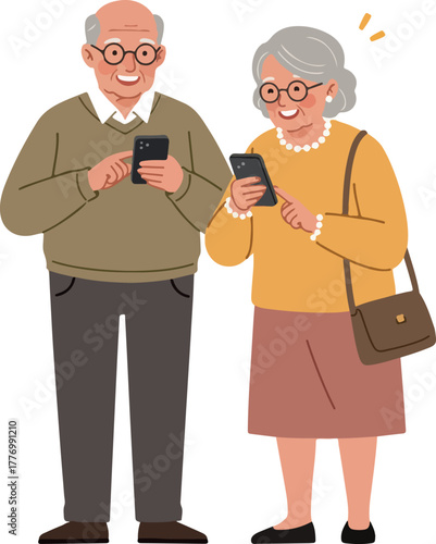 Happy Senior Couple Using Smartphones Smiling Together Flat Design