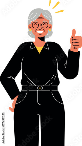 Happy Senior Woman Thumbs Up In Flat Minimalist Style