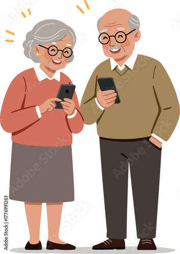 Happy Senior Couple Using Smartphones Together Flat Design Illustration Warm Colors