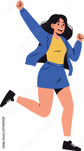 Happy Woman Cheering in Blue Jacket and Yellow Top Flat Illustration