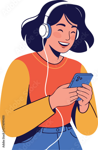 Happy Woman Listening Music On Phone Wearing Orange Sweater and Blue Jeans