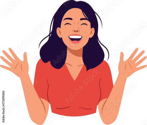 Happy Woman Laughing With Arms Wide Open Coral Shirt Flat Design