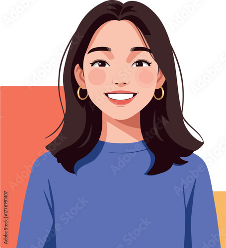 Happy Woman With Brown Hair And Blue Sweater Isolated On White