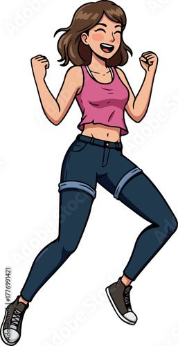 Happy Woman Jumping Joyfully in Casual Outfit
