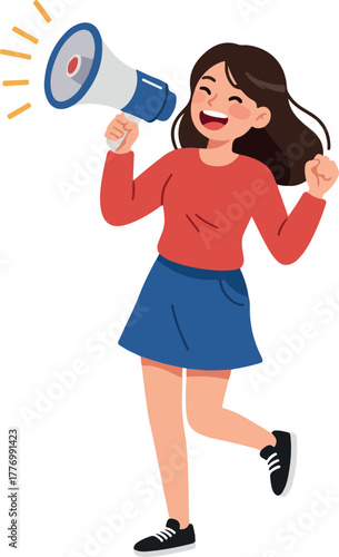 Happy Woman With Megaphone Announcing News With Orange Sparkles Isolated