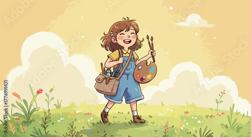 Happy Young Artist Girl With Paint Palette Brushes Outdoors